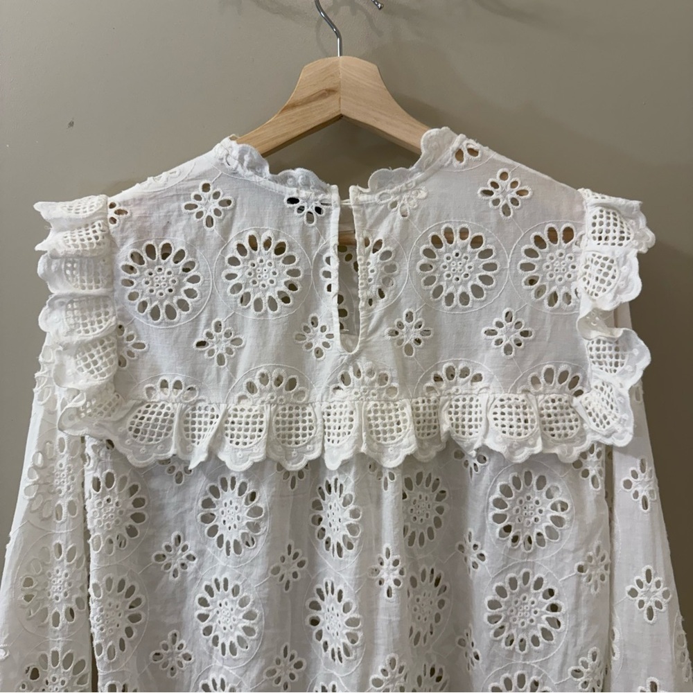 Zara Eyelet white cotton long sleeve blouse size medium Victorian summer coastal - Picture 7 of 10